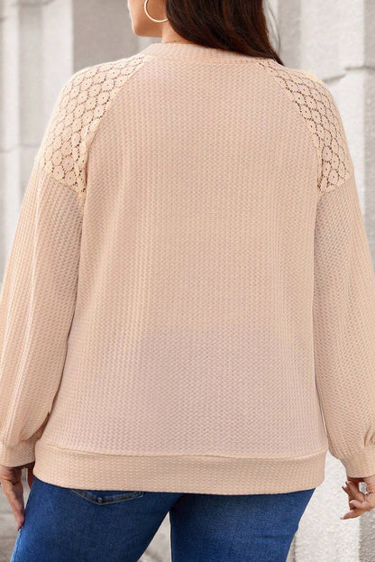 Plus Size Lace Patchwork Buttons Waffle Knit Top | Beige