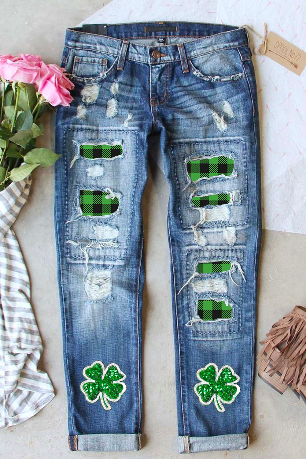 Glitter Clover Patch Plaid Insert Distressed Jeans | Sky Blue