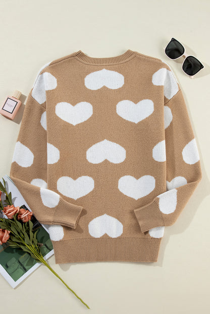 Contrast Heart Pattern Round Neck Sweater | Khaki