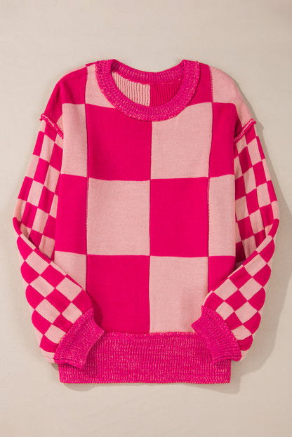 Mixed Checkered Pattern Drop Shoulder Loose Sweater | Rose Red