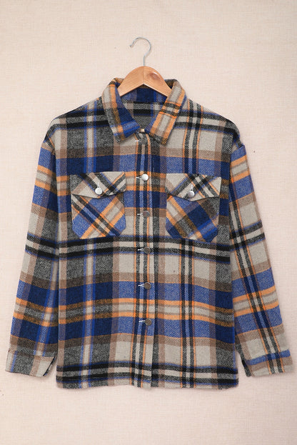 Geometric Plaid Print Pocketed Shacket | Blue