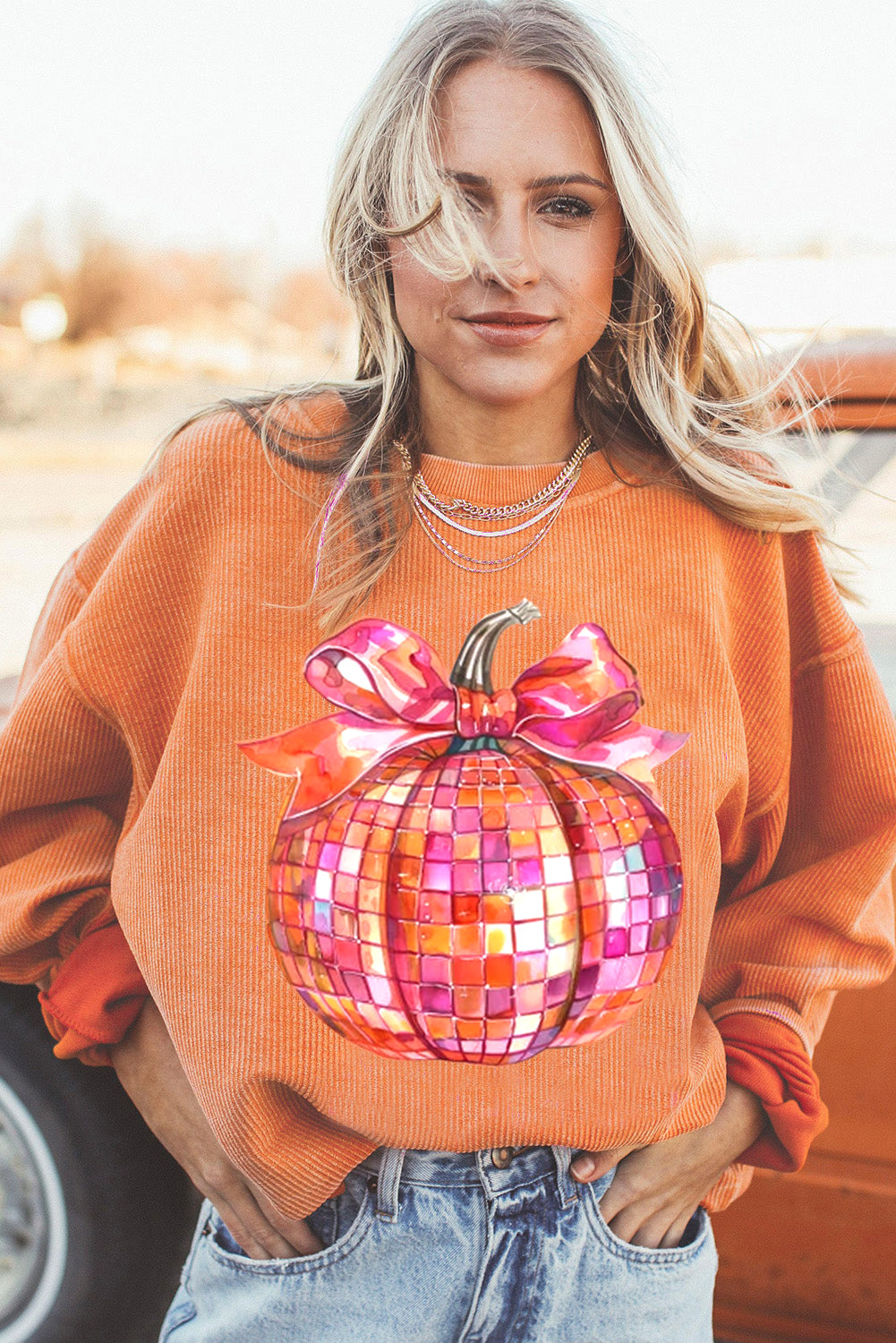 Bow Pumpkin Graphic Crewneck Corded Thanksgiving Sweatshirt | Orange