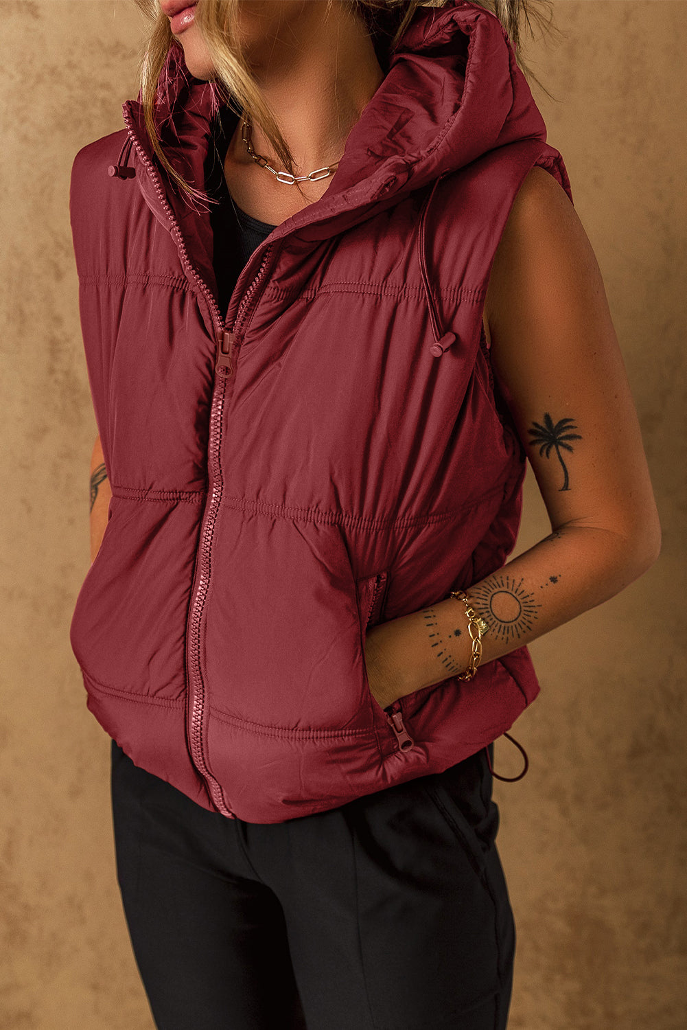 Zip-Up Side Pockets Hooded Puffer Vest | Clay