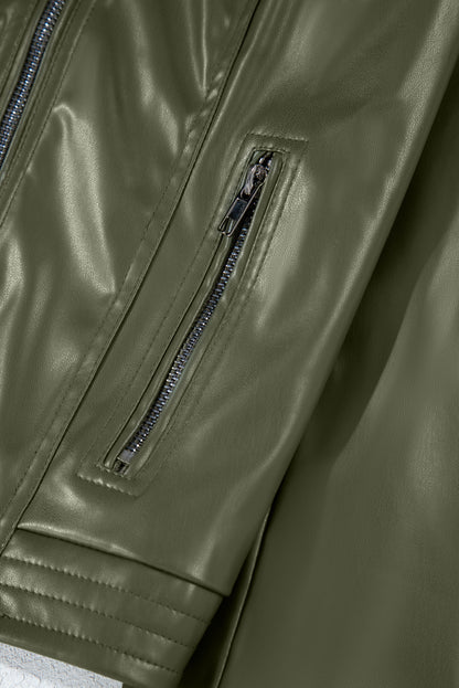 Solid Faux Leather Zipper Slim Fit Bomber Jacket | Sage Green