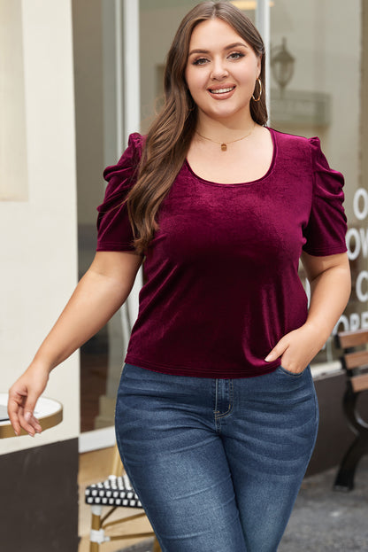 Velvet Bubble Sleeve U Neck Plus Size Top | Burgundy