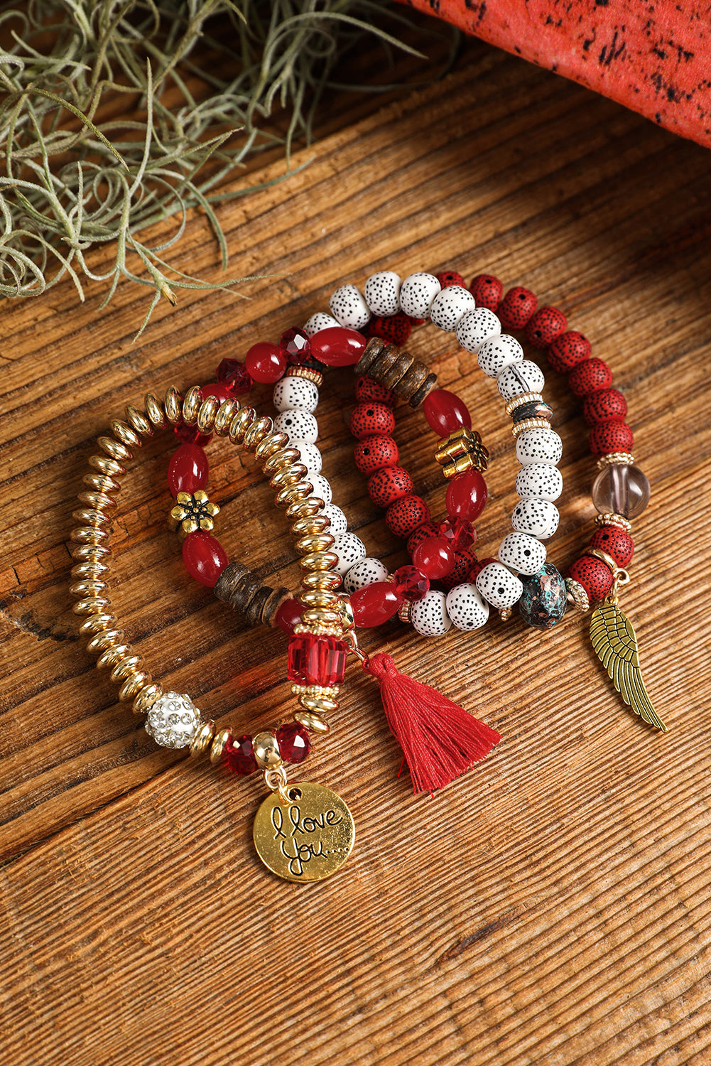 4Pcs Boho Disc Tassel Wing Pendant Beaded Bracelet Set | Red Dahlia