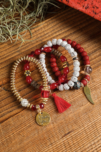 4Pcs Boho Disc Tassel Wing Pendant Beaded Bracelet Set | Red Dahlia