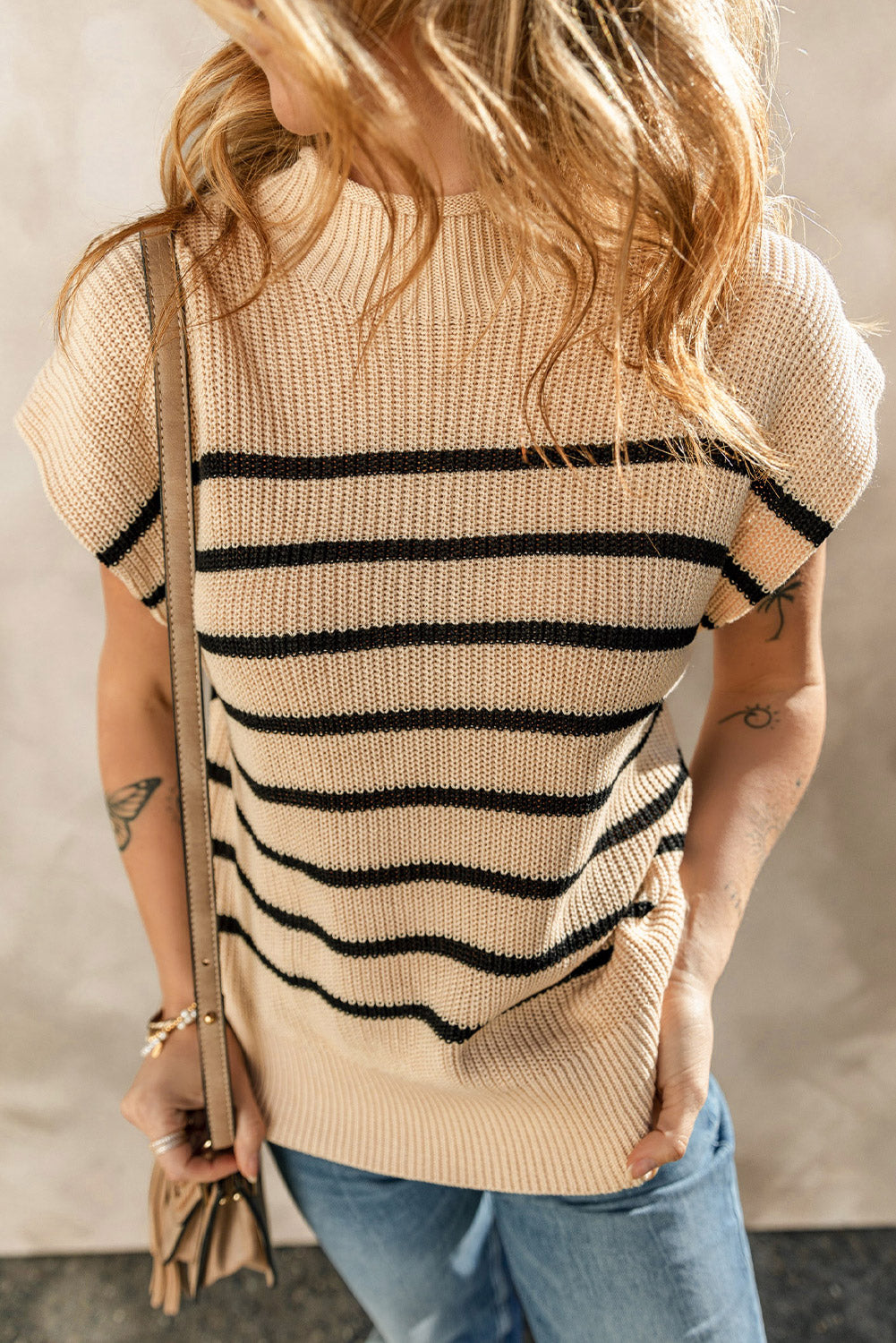 Striped Ribbed Knit High Neck Sweater | Parchment