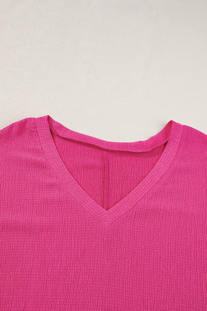 Textured V Neck Bubble Hem Plus Top | Bright Pink