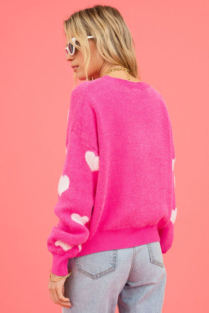 Fuzzy Valentine Hearts Drop Shoulder Sweater | Bright Pink