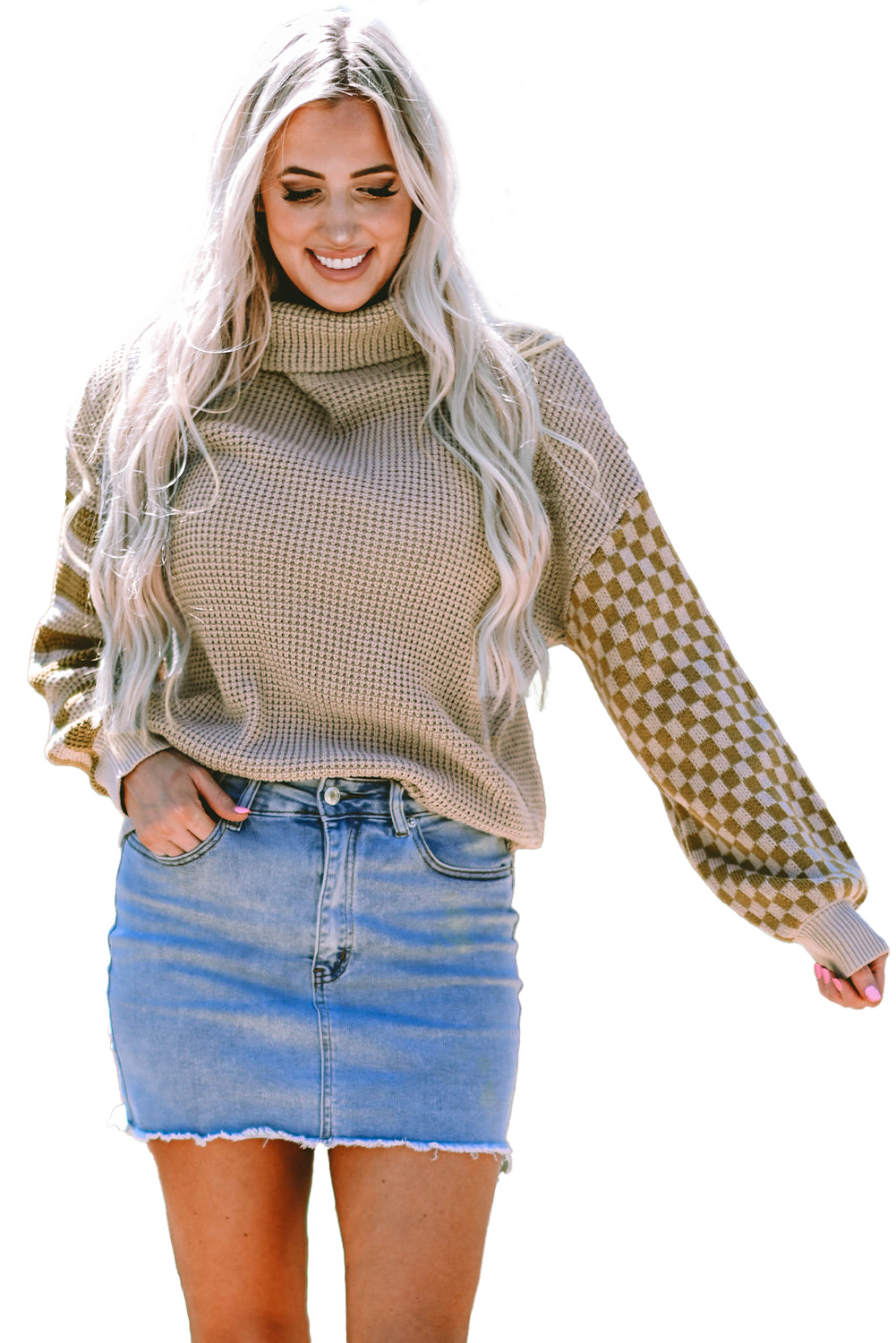 Striped Plaid Patchwork Waffle Knit Turtleneck Sweater | Smoke Gray