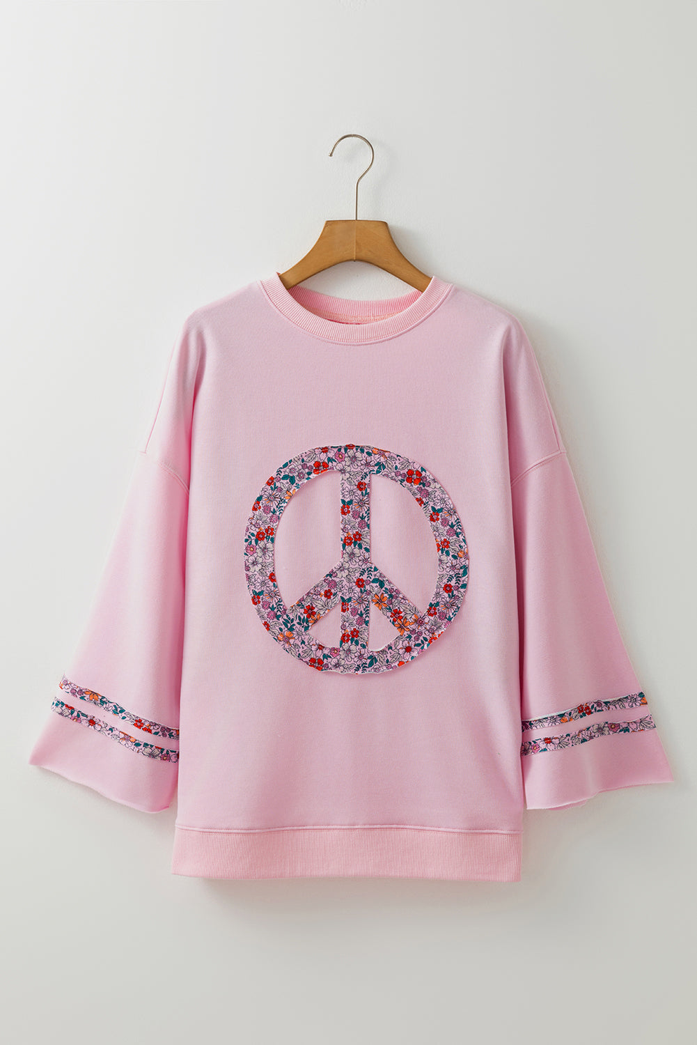 Floral Peace Sign Graphic Drop Shoulder Wide Sleeve Casual Top | Light Pink