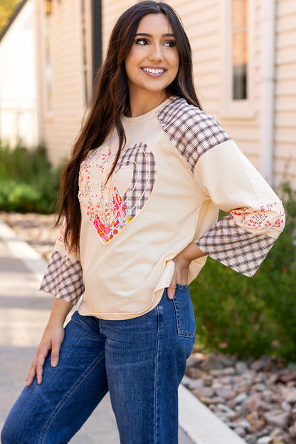 Plaid Floral Peace Heart Graphic Wide Long Sleeve Top | Beige