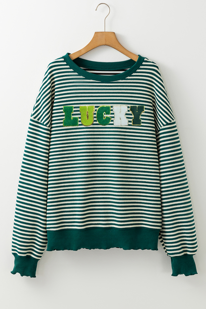 Chenille Lucky Patched Pattern St Patrick Long Sleeve Top | Green Stripe