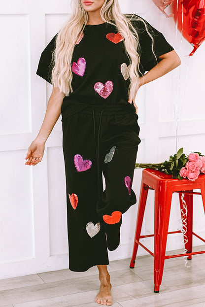 Sequin Heart Popping Graphic Textured 2Pcs Outfit | Black