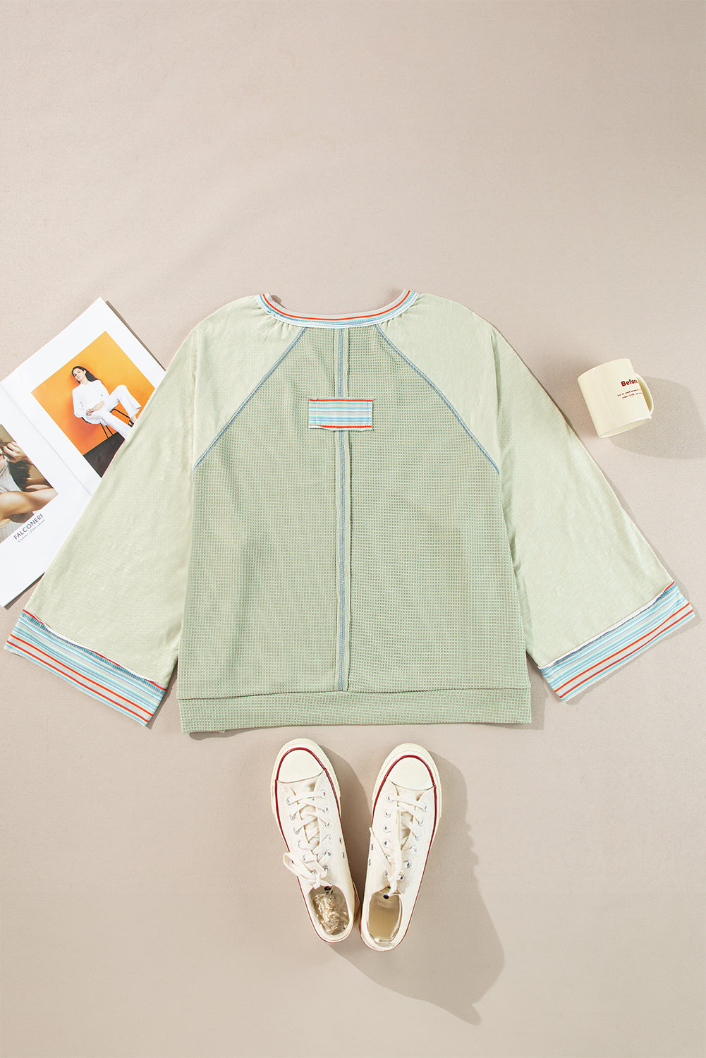 Waffle Knit Wide Bracelet Sleeve Patchwork Raglan Top | Meadow Mist Green