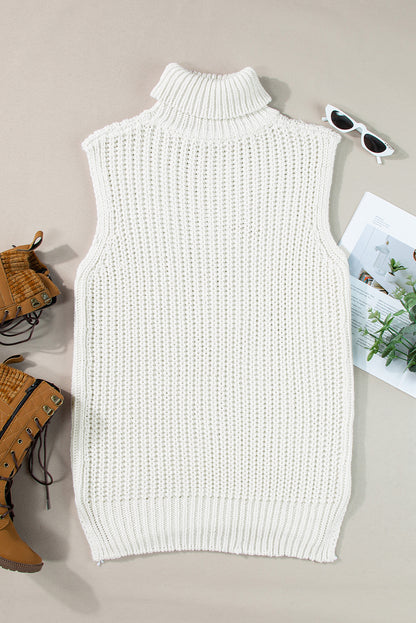 Turtleneck Knitted Slit Hem Sweater Vest | White