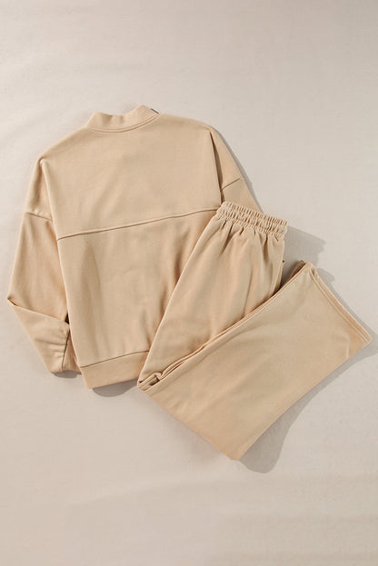 Solid Seamed Zipper Jacket And Drawstring Waist Pants Set | Apricot