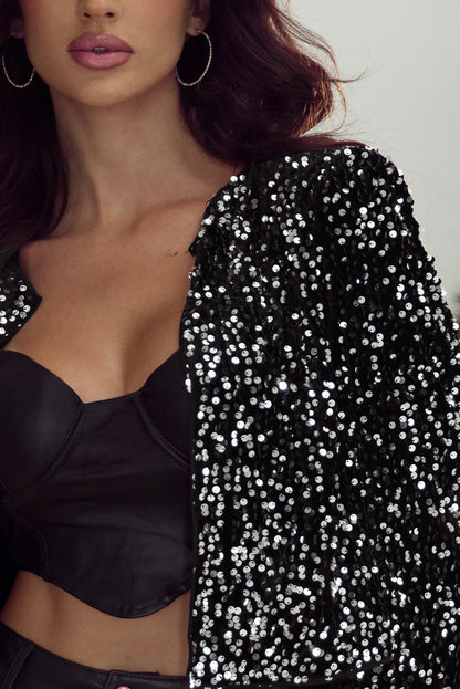 Sequined Open Front Cropped Jacket | Black