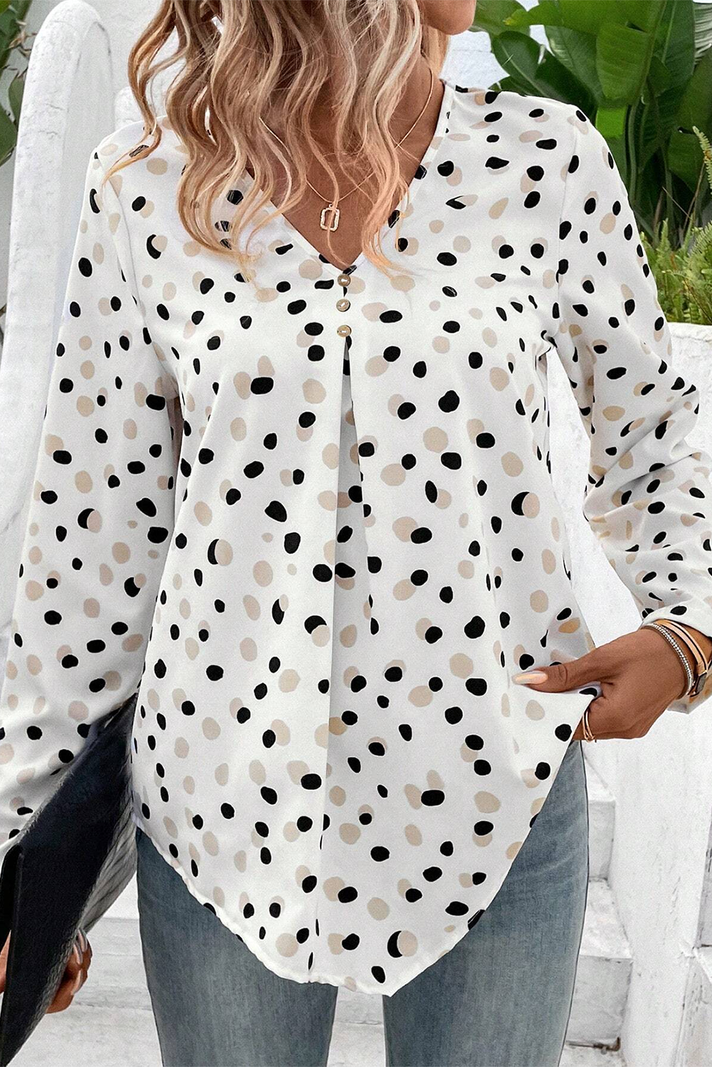 Polka Dot Print Button Front V Neck Blouse | White