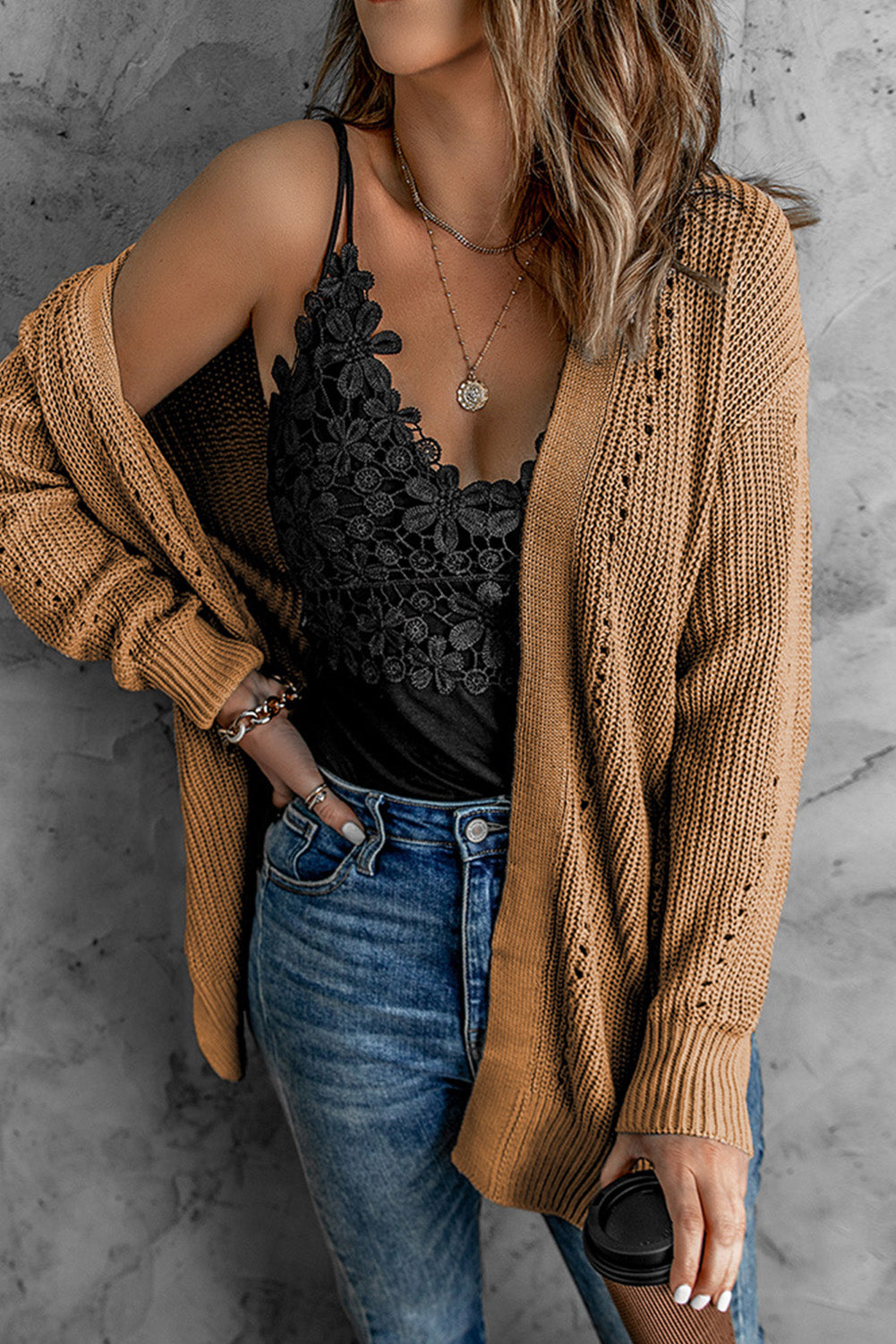 Apricot Drop Sleeve Cable Knit Cardigan with Slits