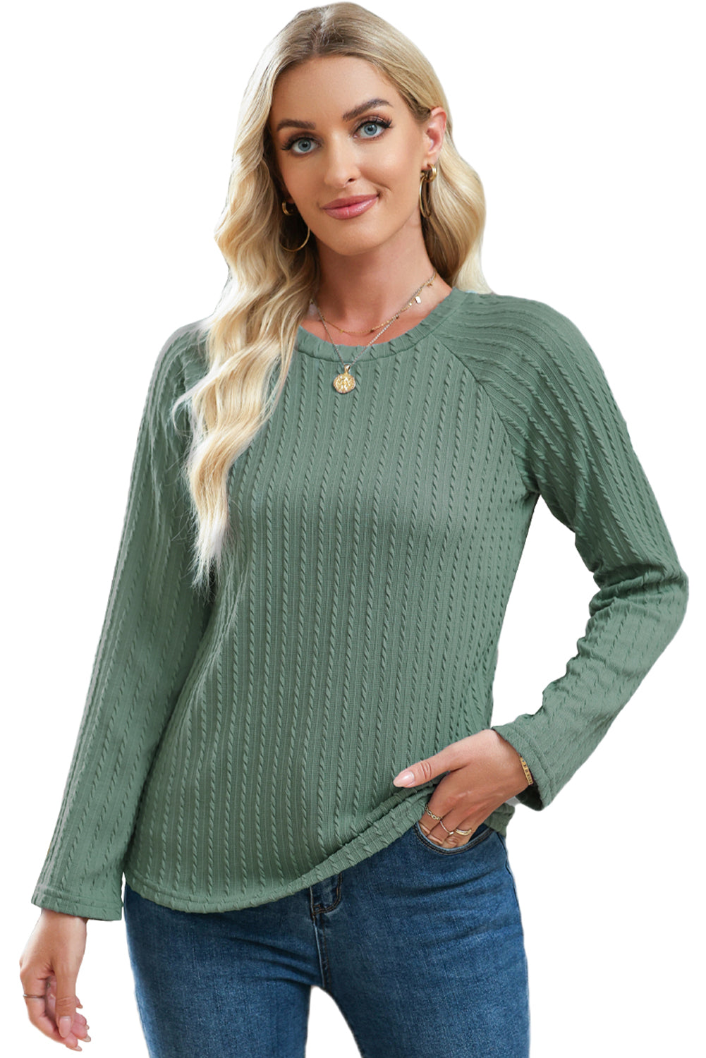 Ribbed Round Neck Knit Long Sleeve Top | Green