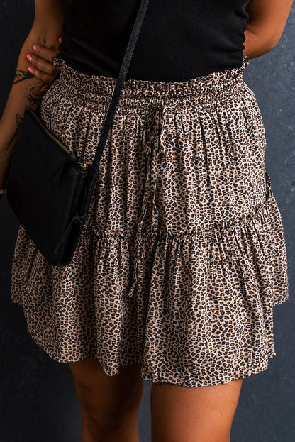 Leopard Drawstring Frilly Short Skirt | Beige