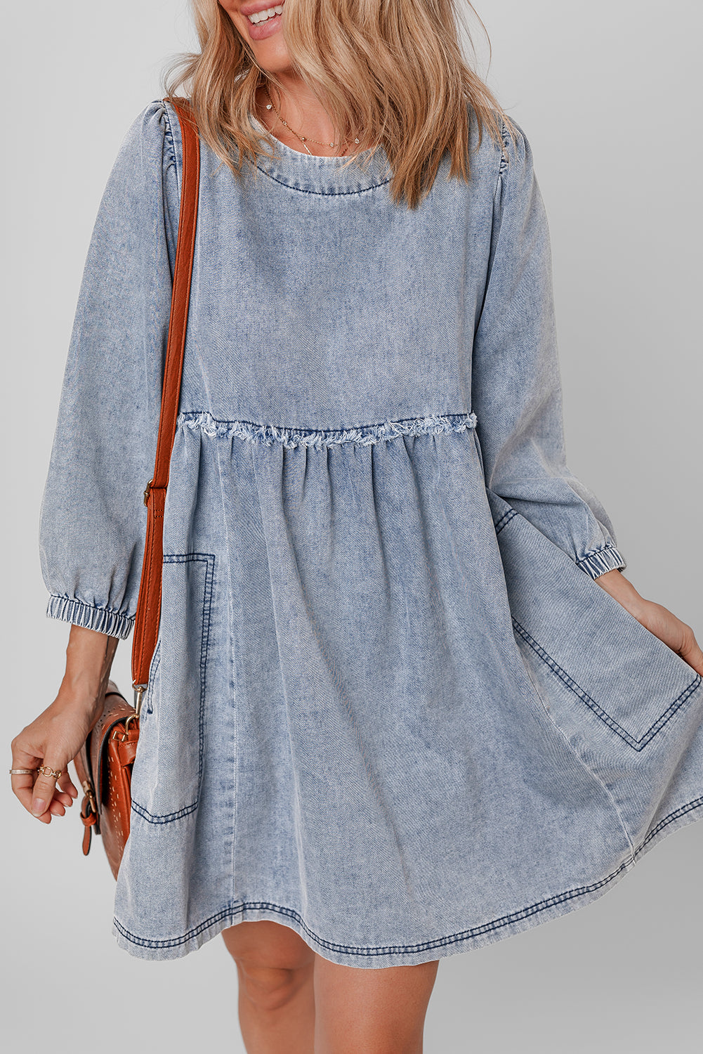 Light Wash High Waist Loose Fit Denim Mini Dress | Beau Blue