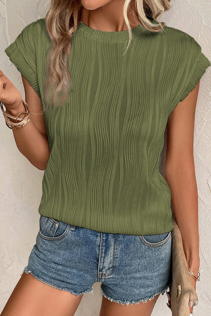 Wavy Texture Cap Sleeve Top | Jungle Green