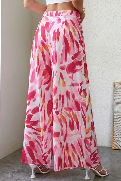 Boho Abstract Floral Print Wide Leg Pants | Rose