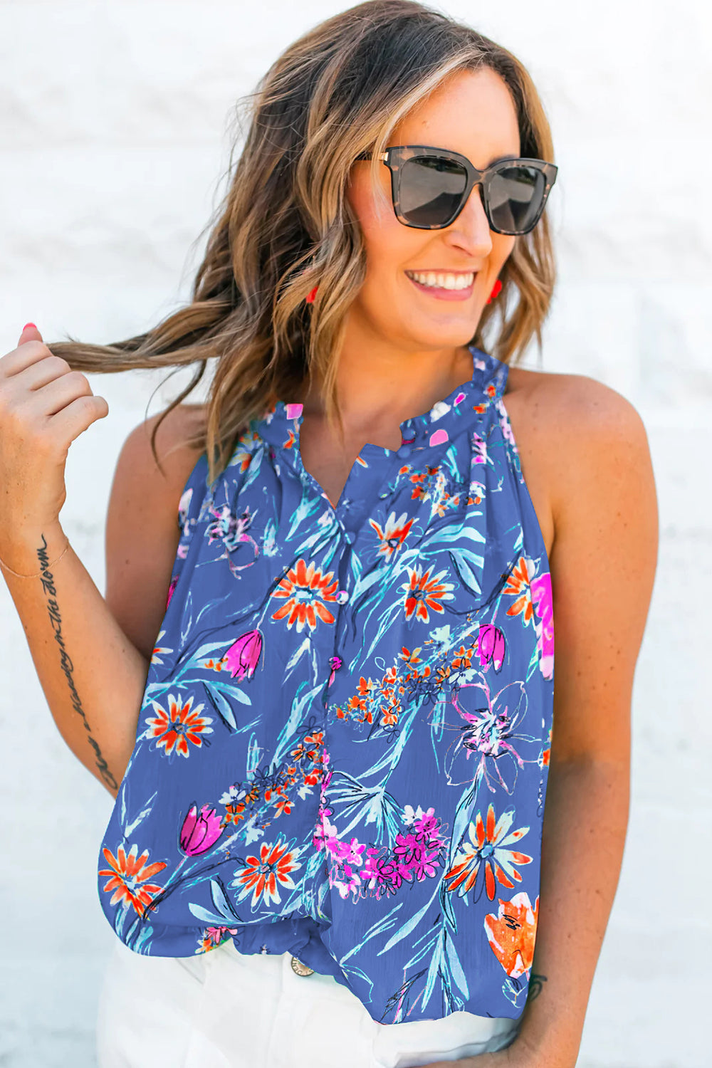 Floral Print Buttoned Neckline Tank Top | Sky Blue