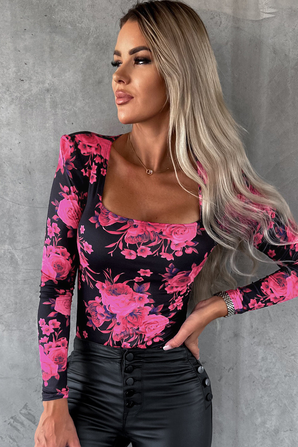 Floral Print Shoulder Pad Long Sleeve Square Neck Top | Rose Red