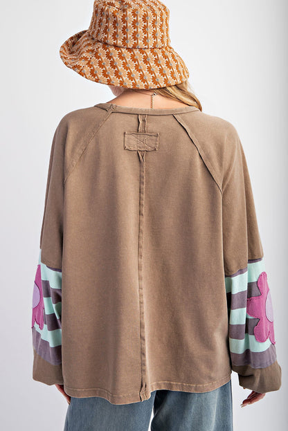 Flower Striped Patchwork Puff Sleeve Loose Sweatshirt | Light French Beige