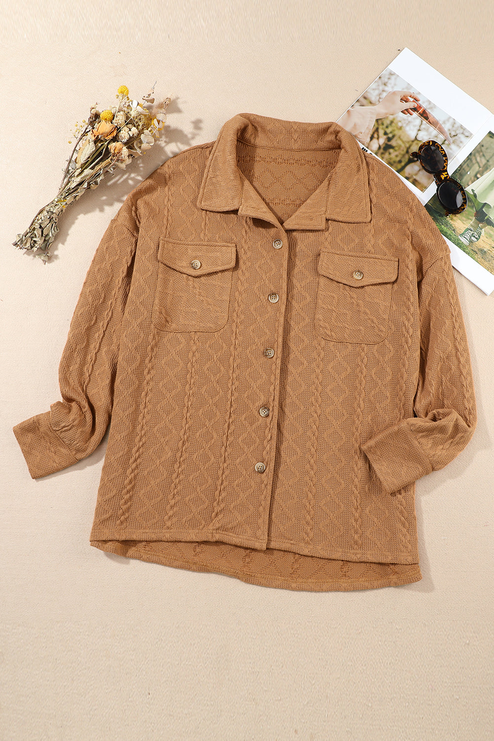 Cable Knit Flap Pocket Shacket | Camel