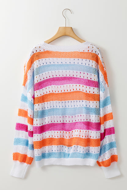 Striped Hollowed Knitted Loose Sweater | Multicolour