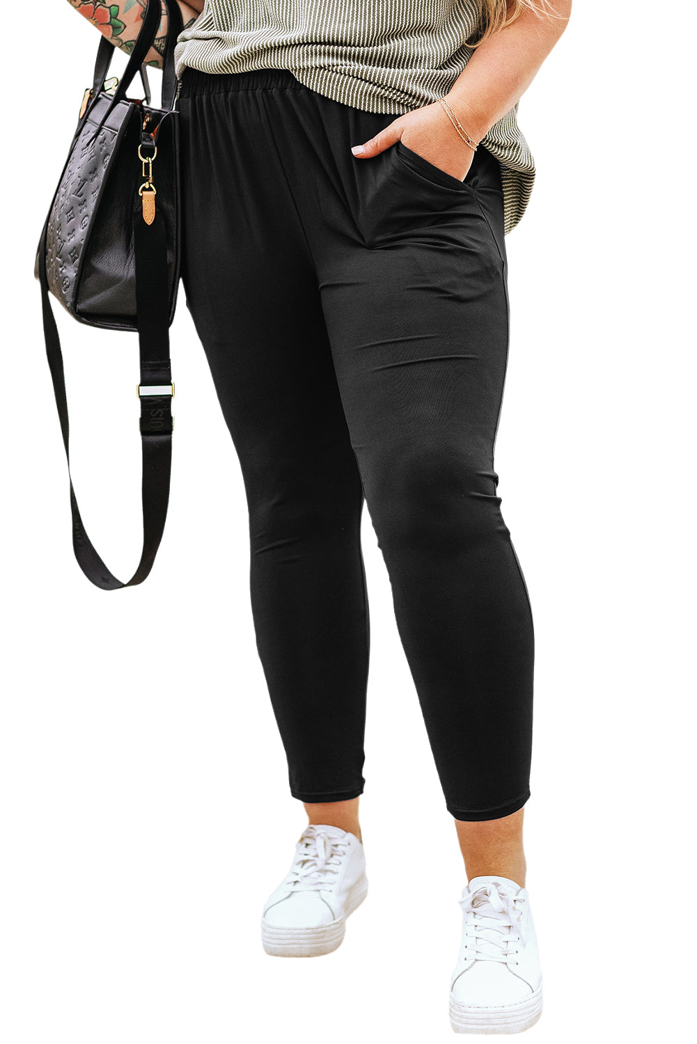 Plus Size Frill High Waist Pocketed Soft Pants | Black