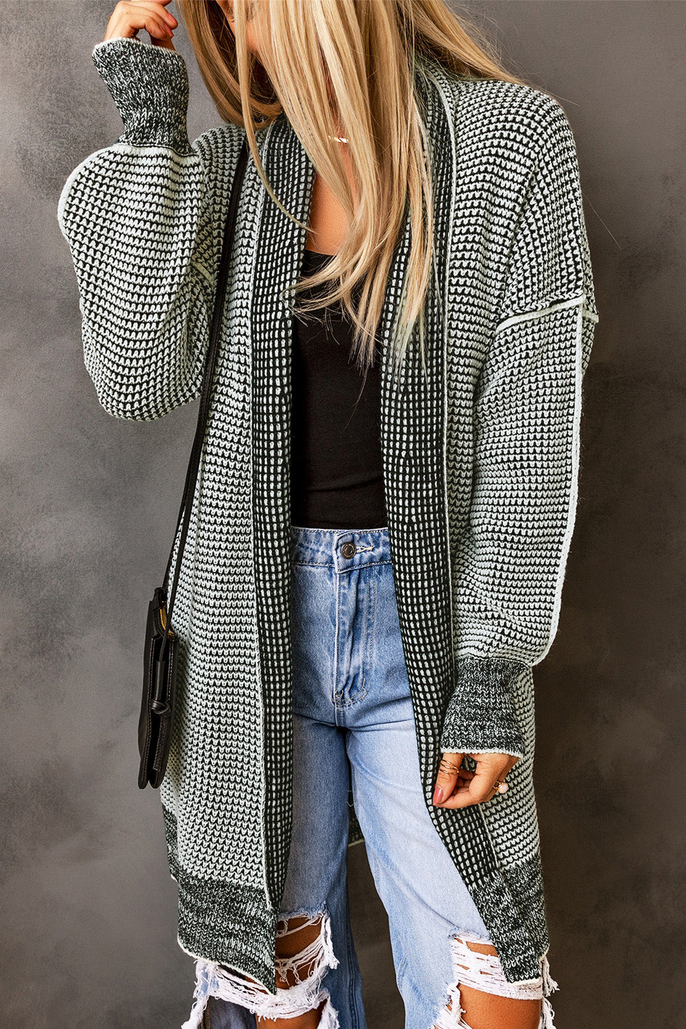 Plaid Knitted Long Open Front Cardigan | Gray