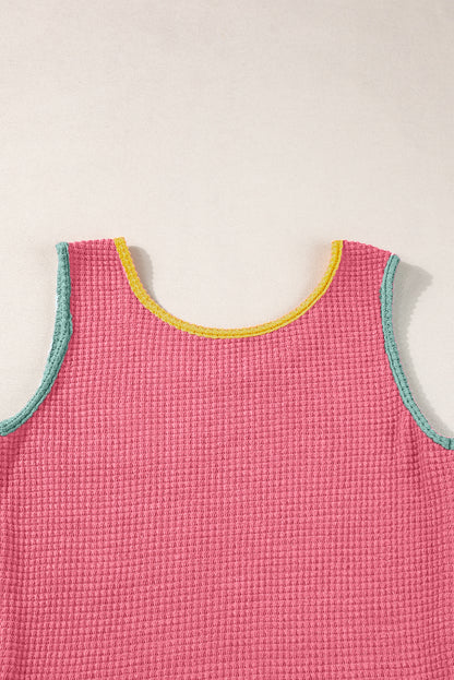 Colour Block Patched Pocket Breathable Knit Tank Top | Strawberry Pink