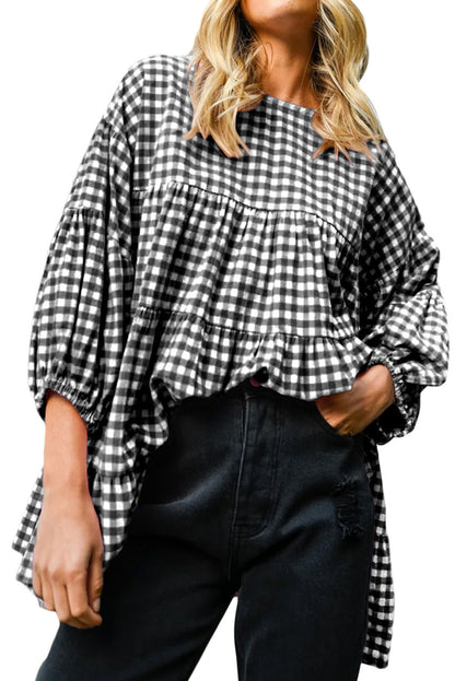 Checkered Puff Sleeve Tiered Loose Babydoll Blouse | Black