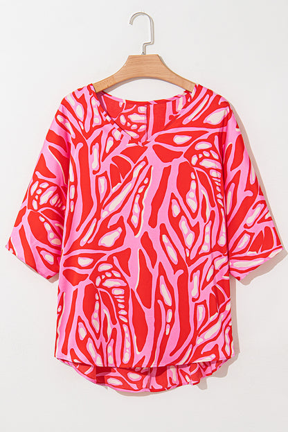 Abstract Print V Neck Batwing Sleeve Oversized Blouse | Red