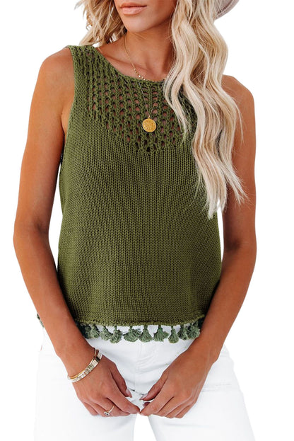 Tasseled Crochet Hollow-Out Knit Tank | Green