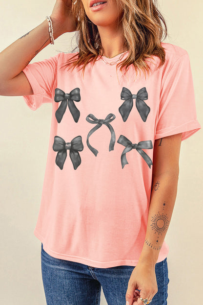 Bow Knots Print Slim Fit Crew Neck T Shirt | Pink