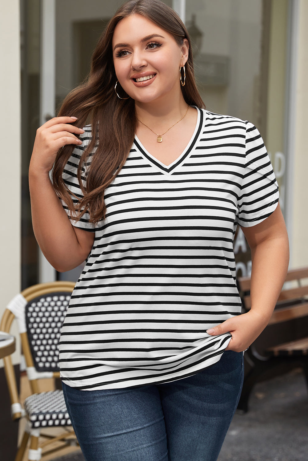 White Stripe V Neck Petal Sleeve Plus Size T-Shirt