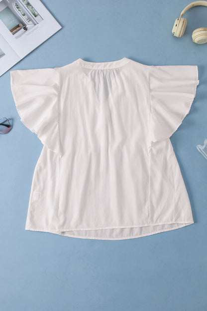 V Neck Pleated Front Ruffled Sleeve Shirt | White