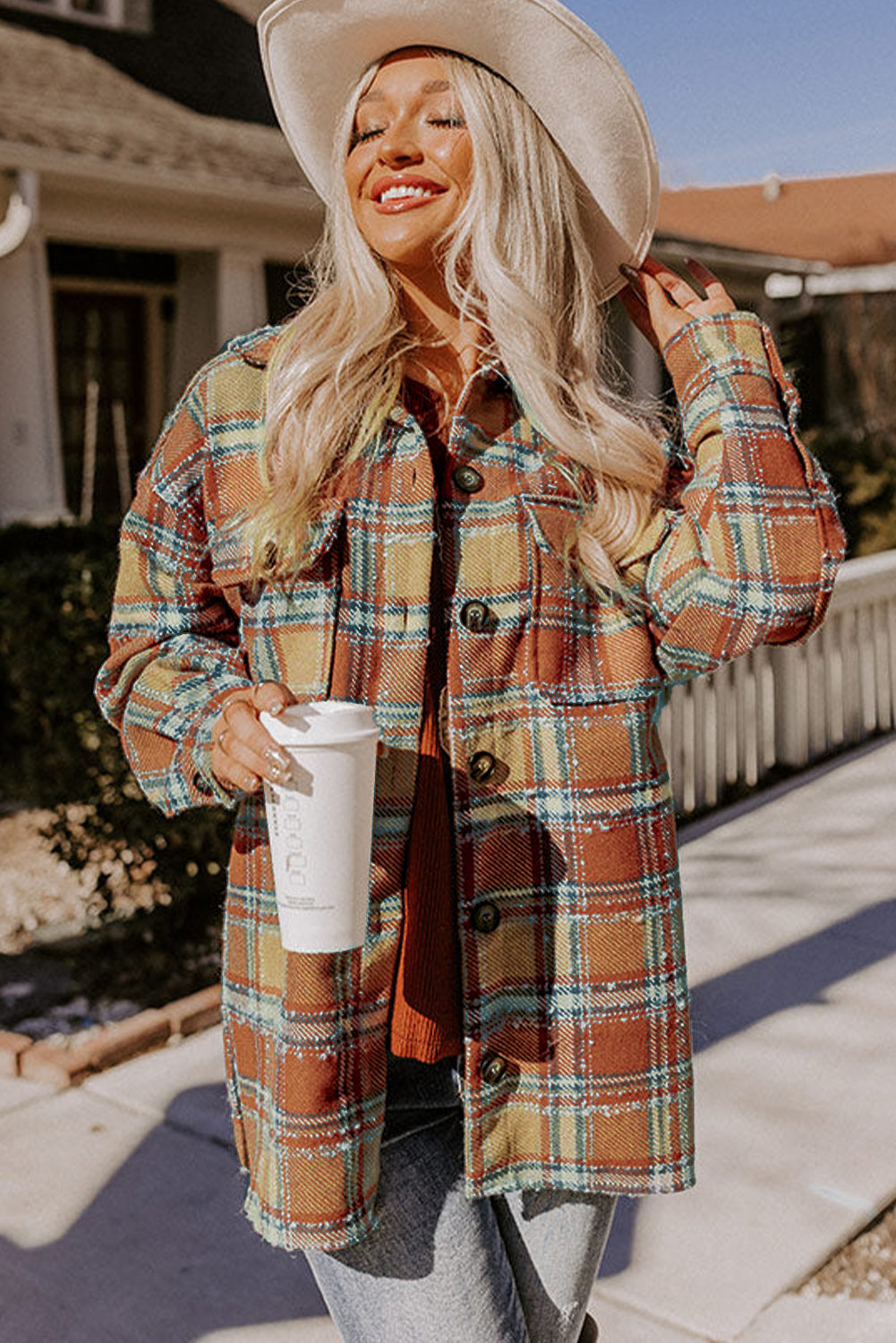 Fiery  Oversized Flap Pockets Plaid Shacket With Slits | Red