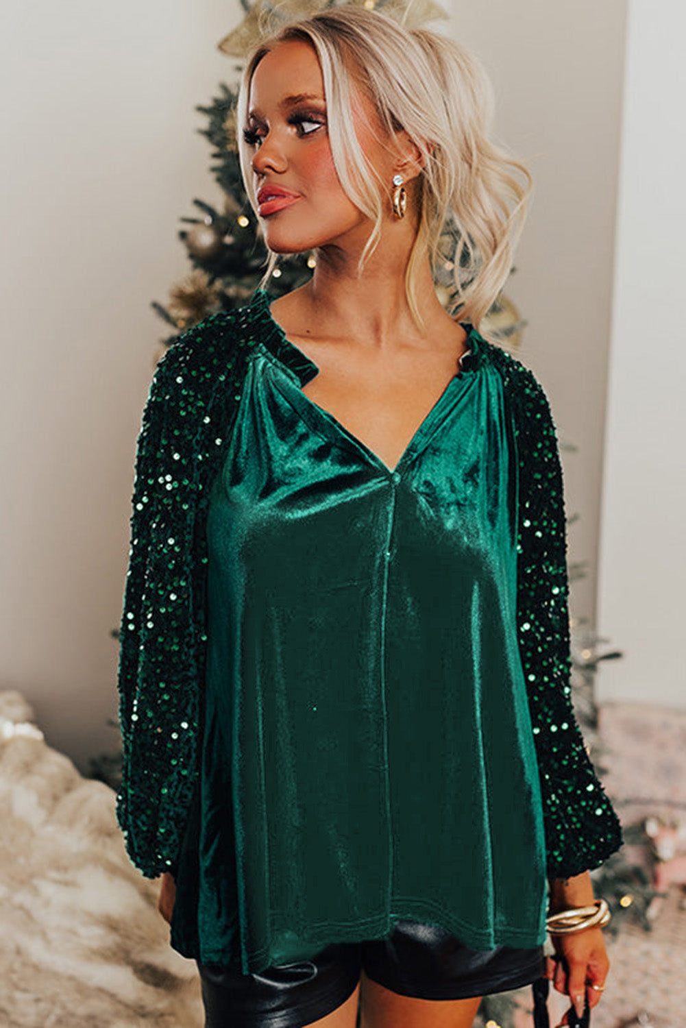 Sequin Patchwork Sleeve Button Up Velvet Top | Evergreen