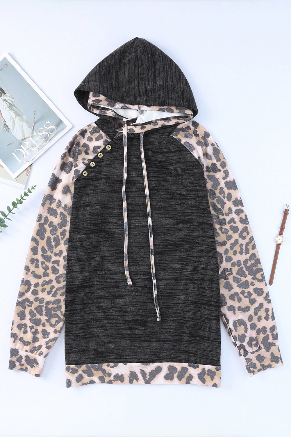 Brushed Leopard Contrast Hoodie | Gray