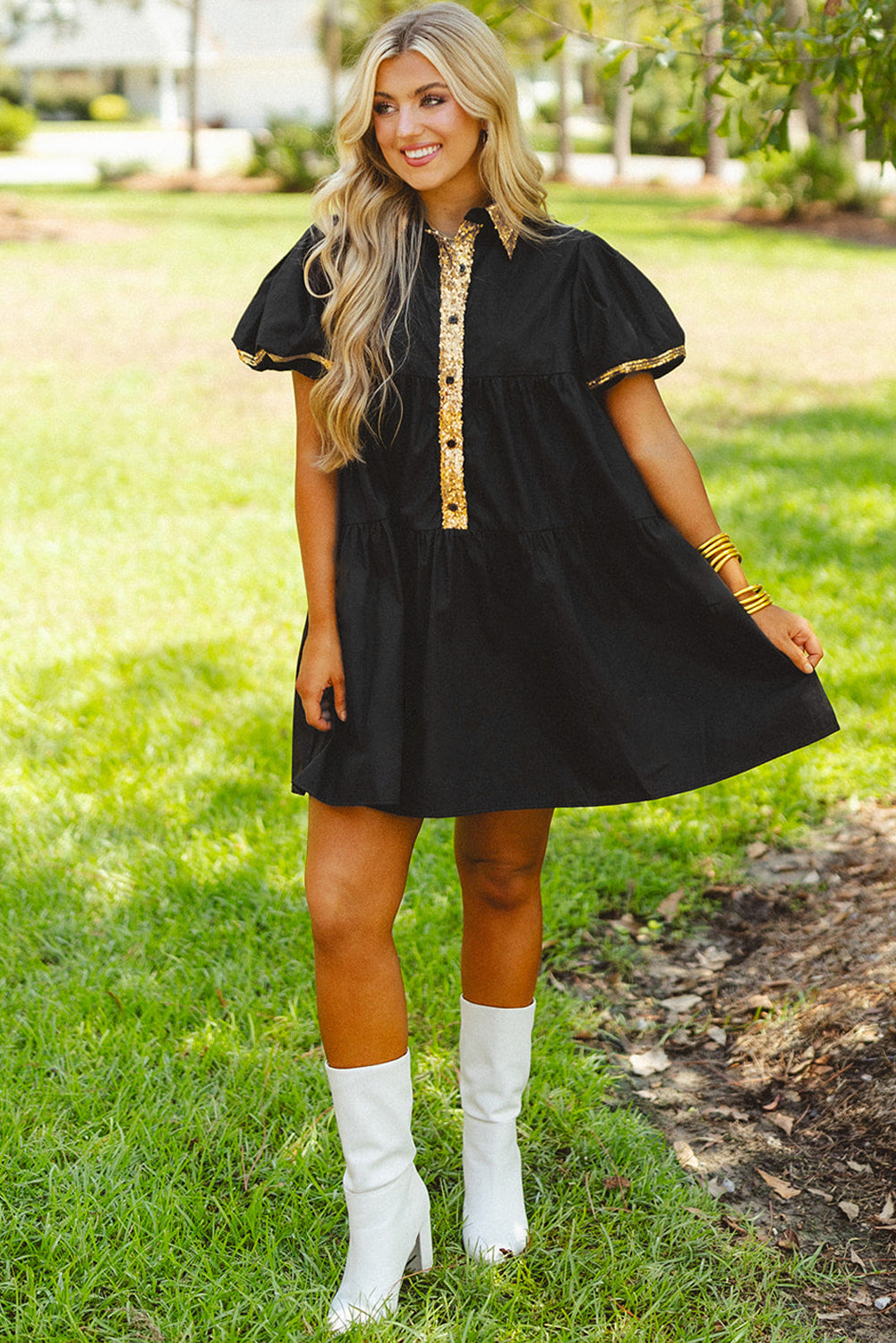 Sequin Trim Bubble Sleeve Game Day Shirt Dress | Black