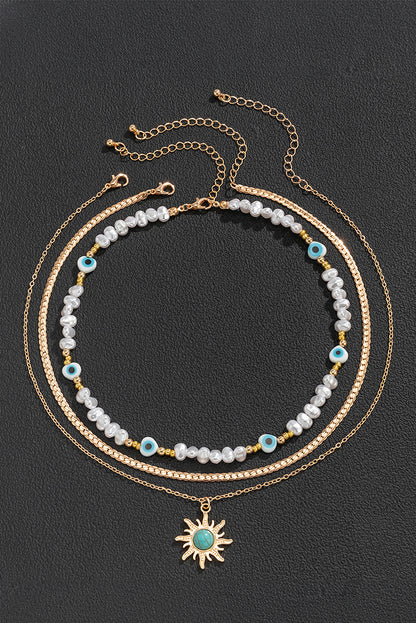 Sun Turquoise Pearl Beaded Multi Layered Pendant Necklace | Gold