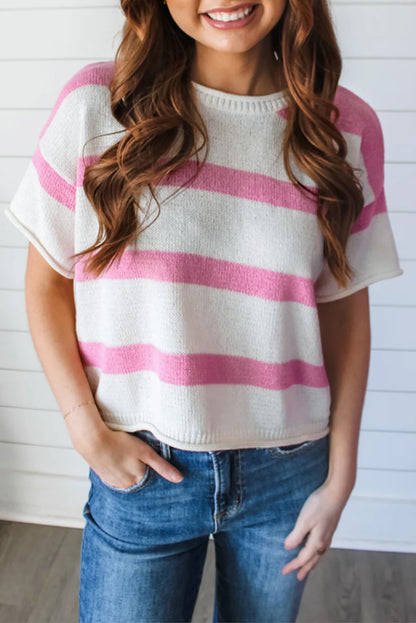 Dropped Short Sleeve Lightweight Knitted Top | Pink Stripe